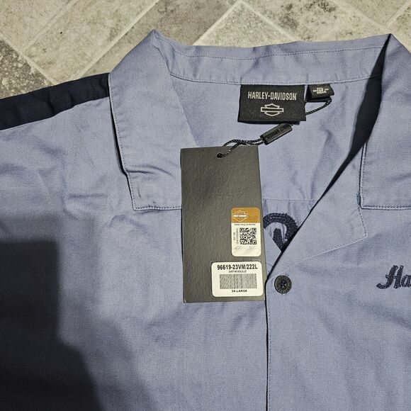 Harley Davidson Men's  3XL Club Crew Short Sleeve Button Down Shirt Colony Blue - Picture 6 of 8